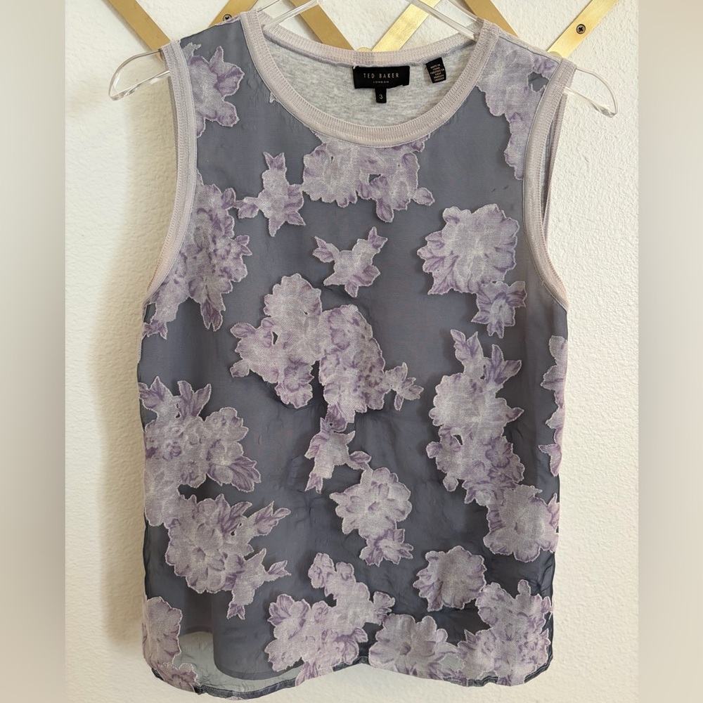 Ted Baker Lavender Grey Floral Appliqué Sheer Overlay Tank Top Medium